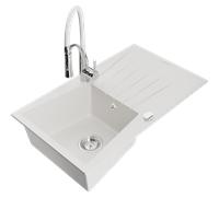 Mexen Cesar évier en granit 1 bac avec égouttoir et robinet de cuisine Aster, blanc - 6514-20-73450-02 19251 5905315047137