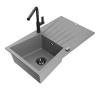 Mexen Cesar Évier en granit 1 bac avec égouttoir et robinet de cuisine Flora, gris - 6514-71-670401-70-B 20983 5905315061669