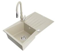 Mexen Cesar évier en granit 1 bac avec égouttoir et robinet de cuisine Savita, beige - 6514-69-672601-69 17765 5905315035813