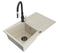 Mexen Cesar évier en granit 1 bac avec égouttoir et robinet de cuisine Savita, beige - 6514-69-672601-70 17795 5905315035837