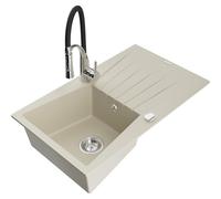 Mexen Cesar évier granit 1 bac avec égouttoir et robinet de cuisine Aster, beige - 6514-69-73450-07 19257 5905315047205
