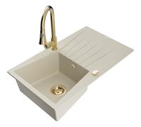 Mexen Cesar évier granit 1 bac avec égouttoir et robinet de cuisine Elia, beige - 6514-69-670101-50 19954 5905315030719