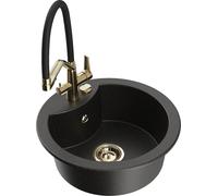 Mexen Diego 1.5-bowl Granite Kitchen Sink with Duo Mixer, Black/Gold Metallic - 6512-75-671701-57-G