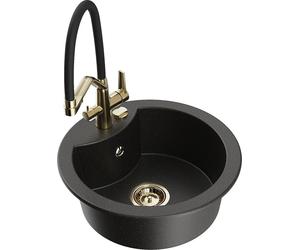 Mexen Diego 1.5-bowl Granite Kitchen Sink with Duo Mixer, Black/Gold Metallic - 6512-75-671701-57-G