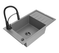 Mexen Elias évier en granit 1 bac avec égouttoir et robinet de cuisine Aster, gris - 6511-71-73450-70-B 19156 5905315046048