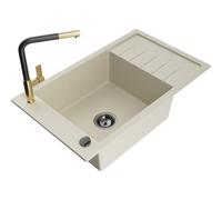 Mexen Elias évier en granit 1 bac avec égouttoir et robinet de cuisine Flora, beige - 6511-69-670401-57-B 20817 5905315060082