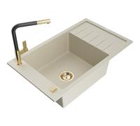 Mexen Elias évier en granit 1 bac avec égouttoir et robinet de cuisine Flora, beige - 6511-69-670401-57-G 20816 5905315060075