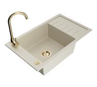 Mexen Elias évier en granit 1 bac avec égouttoir et robinet de cuisine Telma, beige - 6511-69-670200-50 18336 5905315015105