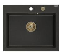 Mexen Elix évier de cuisine en granit à 1 bac 600 x 500 mm, noir/métallisé doré, siphon doré - 6525601005-75-G 66152 5905315586971