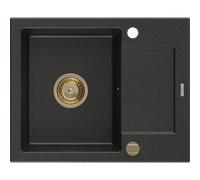 Mexen Enzo évier de cuisine en granit à 1 bac avec égouttoir 576 x 465 mm, noir/métallisé or, siphon doré - 6506571005-75-G 16164 5905315011732
