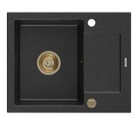 Mexen Enzo Évier en granit 1 bac avec égouttoir 576 x 465 mm, noir/argent métallisé, siphon doré - 6506571005-73-G 16163 5905315011725