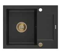 Mexen Enzo évier de cuisine en granit à 1 bac avec égouttoir 576 x 465 mm, noir/métallisé or, siphon doré - 6506571005-75-G 16164 5905315011732