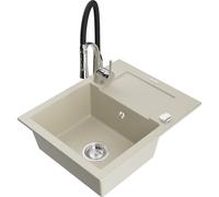 Mexen Enzo Évier en granit 1 bac avec égouttoir et robinet de cuisine Aster, beige - 6506-69-73450-07 19028 5905315044686