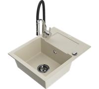 Mexen Enzo évier en granit 1 bac avec égouttoir et robinet de cuisine Aster, beige - 6506-69-73450-07-B 19029 5905315044693