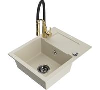 Mexen Enzo Évier en granit 1 bac avec égouttoir et robinet de cuisine Aster, beige - 6506-69-73450-57-B 19031 5905315044716