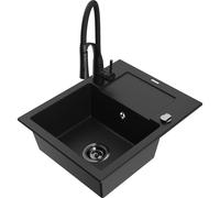 Mexen Enzo Évier en granit 1 bac avec égouttoir et robinet de cuisine Aster, noir - 6506-77-73450-70-B 19057 5905315045027