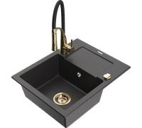 Mexen Enzo évier en granit 1 bac avec égouttoir et robinet de cuisine Aster, noir moucheté - 6506-76-73450-57-G 19050 5905315044945