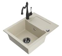 Mexen Enzo évier en granit 1 bac avec égouttoir et robinet de cuisine Carla, beige - 6506-69-670700-70 16765 5905315039057