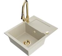 Mexen Enzo évier en granit 1 bac avec égouttoir et robinet de cuisine Elia, beige - 6506-69-670101-50 19656 5905315028792