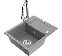 Mexen Enzo évier en granit 1 bac avec égouttoir et robinet de cuisine Elia, gris - 6506-71-670101-00 19658 5905315028815