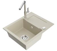 Mexen Enzo évier en granit 1 bac avec égouttoir et robinet de cuisine Flora, beige - 6506-69-670401-00 20587 5905315058539