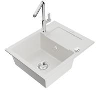 Mexen Enzo évier en granit 1 bac avec égouttoir et robinet de cuisine Flora, blanc - 6506-20-670401-00 20578 5905315058454