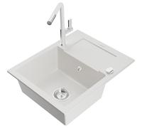 Mexen Enzo évier en granit 1 bac avec égouttoir et robinet de cuisine Flora, blanc - 6506-20-670401-02 20579 5905315058461