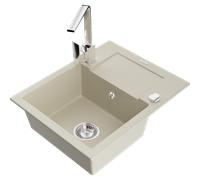 Mexen Enzo évier en granit 1 bac avec égouttoir et robinet de cuisine Rita, beige - 6506-69-670300-00 17216 5905315018533
