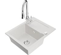 Mexen Enzo Évier en granit 1 bac avec égouttoir et robinet de cuisine Savita, blanc - 6506-20-672601-00 17367 5905315033857