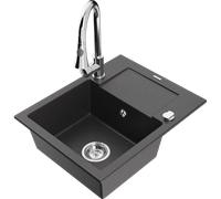 Mexen Enzo évier en granit 1-bassin avec égouttoir et robinet de cuisine Elia, noir moucheté - 6506-76-670101-00 19672 5905315028952
