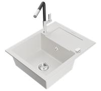 Mexen Enzo évier en granit 1 cuve avec égouttoir et robinet de cuisine Flora, blanc - 6506-20-670401-07 20581 5905315058485