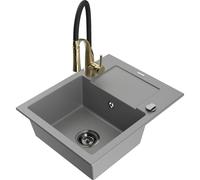 Mexen Enzo évier en granit à 1 bac avec égouttoir et robinet de cuisine Aster, gris - 6506-71-73450-57-B 19036 5905315044778