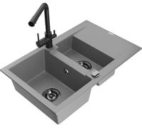 Mexen Gaspar évier en granit 1,5 bac avec égouttoir et robinet de cuisine Duero, gris - 6507-71-671600-70-B 17461 5905315024046