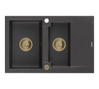 Mexen Gaspar évier en granit 1,5 bac avec égouttoir 737 x 475 mm, noir moucheté, siphon doré - 6507731505-76-G 16172 5905315011817