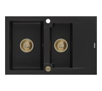 Mexen Gaspar évier en granit 1,5 bac avec égouttoir 737 x 475 mm, noir, siphon doré - 6507731505-77-G 16173 5905315011824