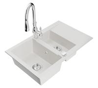 Mexen Gaspar évier en granit 1,5 bac avec égouttoir et mitigeur de cuisine Savita, blanc - 6507-20-672601-00 17425 5905315034175