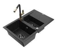 Mexen Gaspar évier en granit 1,5 bac avec égouttoir et mitigeur Flora, noir/or - 6507-75-670401-57-B 20691 5905315059277