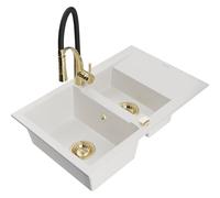 Mexen Gaspar évier en granit 1,5-bac avec égouttoir et robinet de cuisine Aster, blanc - 6507-20-73450-57-G 19061 5905315045065