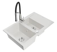 Mexen Gaspar évier en granit 1,5-bac avec égouttoir et robinet de cuisine Aster, blanc - 6507-20-73450-07 19059 5905315045041