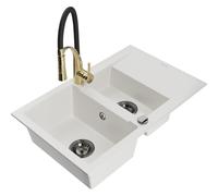 Mexen Gaspar évier en granit 1,5 bac avec égouttoir et robinet de cuisine Aster, blanc - 6507-20-73450-57-B 19062 5905315045072