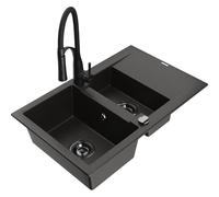 Mexen Gaspar évier en granit 1,5-bac avec égouttoir et robinet de cuisine Aster, noir/doré métallisé - 6507-75-73450-70-B 19084 5905315045324