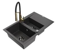 Mexen Gaspar évier en granit 1,5 bac avec égouttoir et robinet de cuisine Aster, noir moucheté - 6507-76-73450-57-B 19088 5905315045379