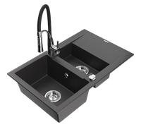Mexen Gaspar évier en granit 1,5 bac avec égouttoir et robinet de cuisine Aster, noir moucheté - 6507-76-73450-07 19085 5905315045348