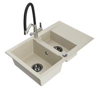 Mexen Gaspar évier en granit 1,5 bac avec égouttoir et robinet de cuisine Duo, beige - 6507-69-671701-07-B 22709 5905315100511
