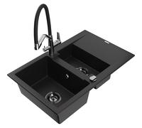 Mexen Gaspar Évier en granit 1,5 bac avec égouttoir et robinet de cuisine Duo, noir - 6507-77-671701-07-B 22734 5905315100764