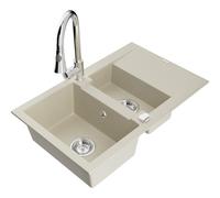 Mexen Gaspar évier en granit 1,5 bac avec égouttoir et robinet de cuisine Elia, beige - 6507-69-670101-00 19686 5905315029096