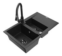 Mexen Gaspar évier en granit 1,5 bac avec égouttoir et robinet de cuisine Elia, noir/argent - 6507-73-670101-70-B 19698 5905315029218