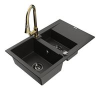Mexen Gaspar évier en granit 1,5 bac avec égouttoir et robinet de cuisine Elia, noir/or métallique - 6507-75-670101-50-B 19701 5905315029249