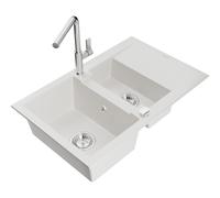 Mexen Gaspar évier en granit 1,5 bac avec égouttoir et robinet de cuisine Flora, blanc - 6507-20-670401-00 20652 5905315058959