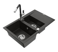 Mexen Gaspar évier en granit 1,5 bac avec égouttoir et mélangeur Flora, Noir/Or métal - 6507-75-670401-07